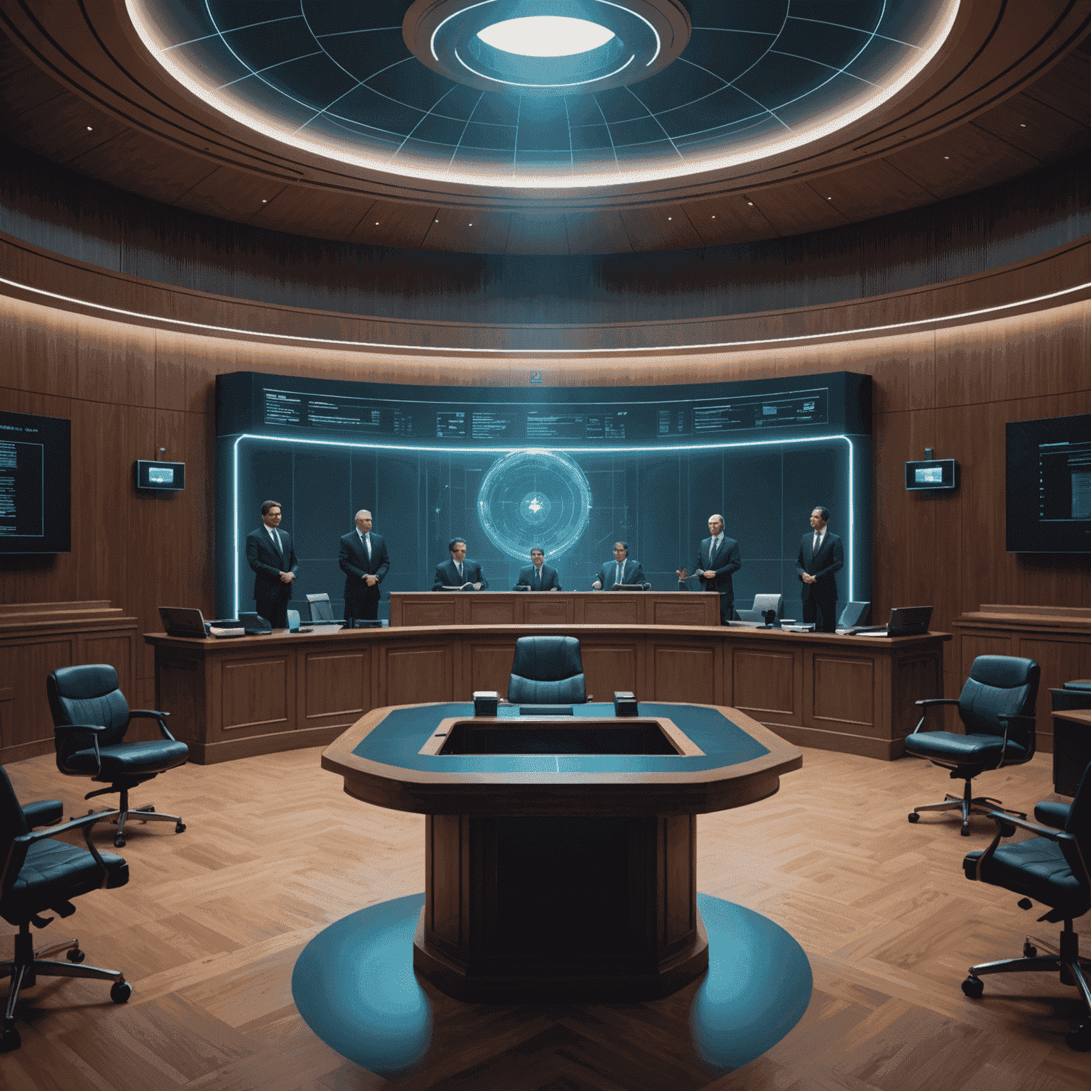 A futuristic courtroom with holographic displays and AI assistants, representing the evolution of legal technology