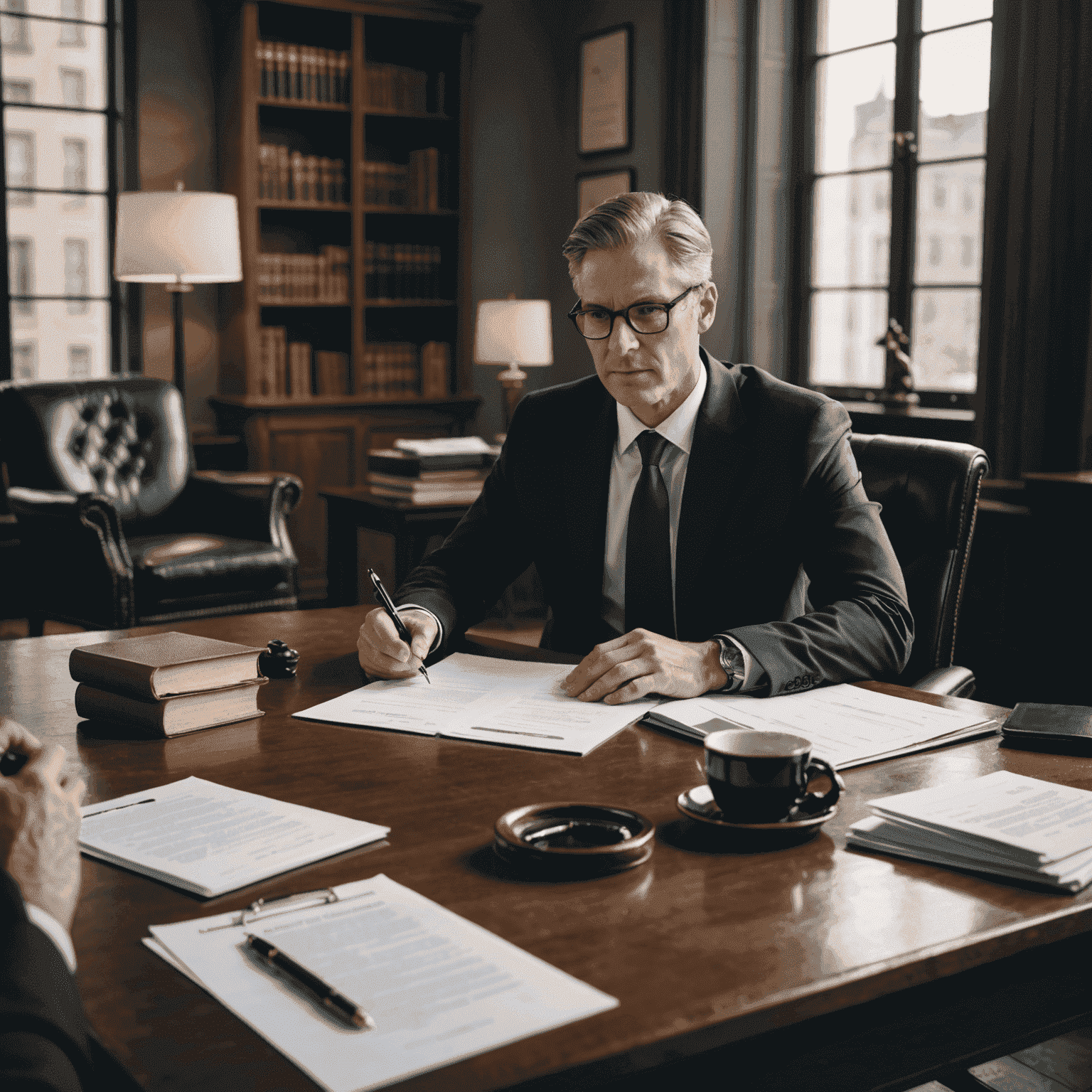 A professional lawyer sitting across from a client in a well-lit office, discussing legal matters over a desk with documents spread out