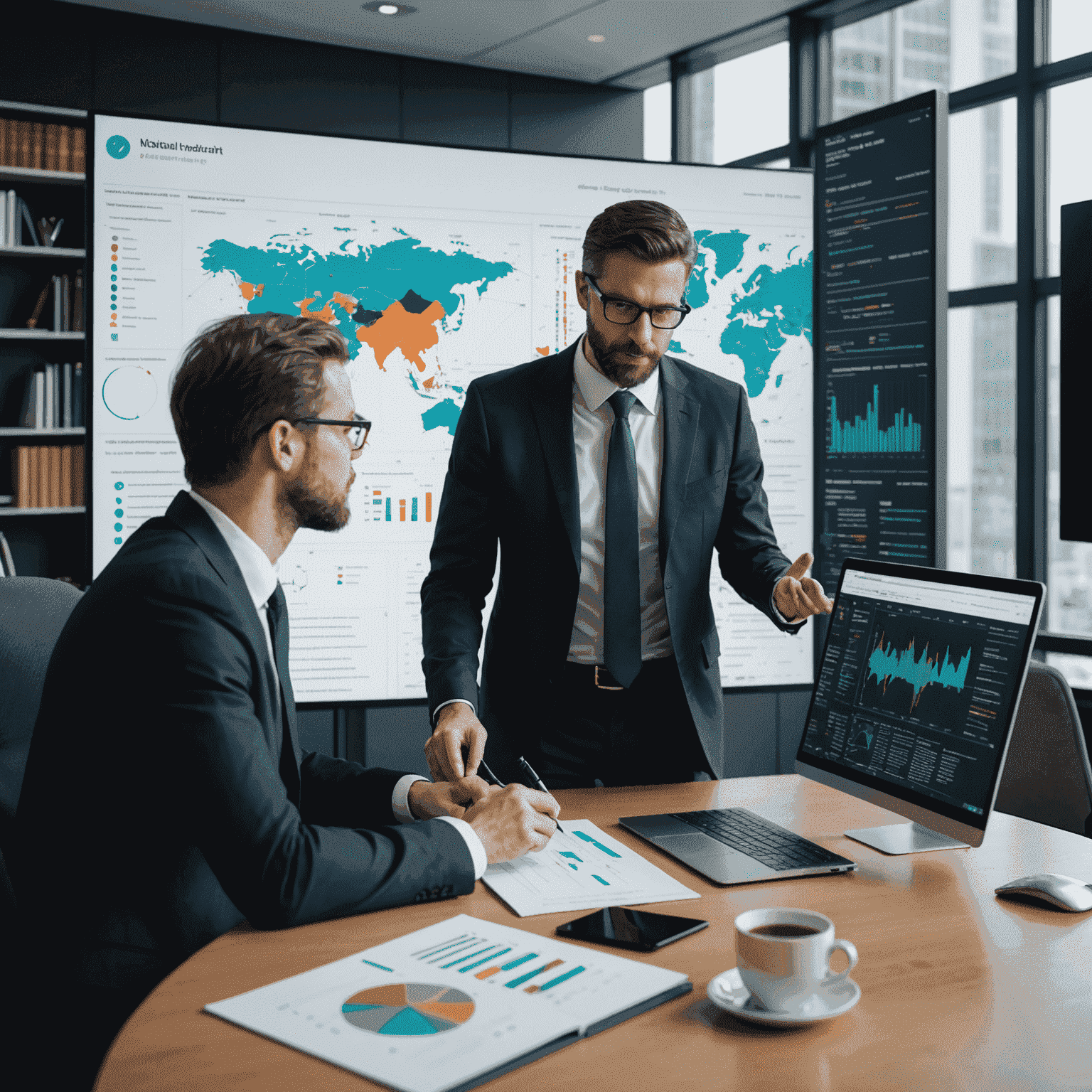 A data scientist and a lawyer collaborating over a large screen displaying complex legal data visualizations and predictive models